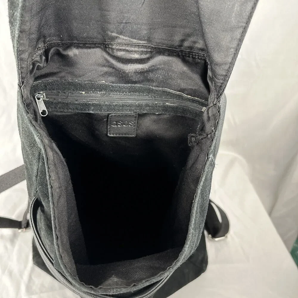 Asos Womens Backpack Bag‎ Purse with Flap Black Suede Leather Mix Minimalist